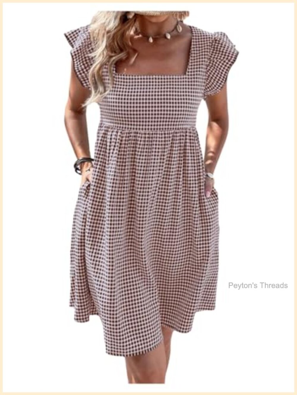 Women's Gingham Plaid Ruffle Cap Sleeve Square Neck Midi Sundress